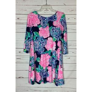 Lilly Pulitzer Women's S Small Navy Blue Pink Floral 3/4 Sleeves Cute Soft Dress